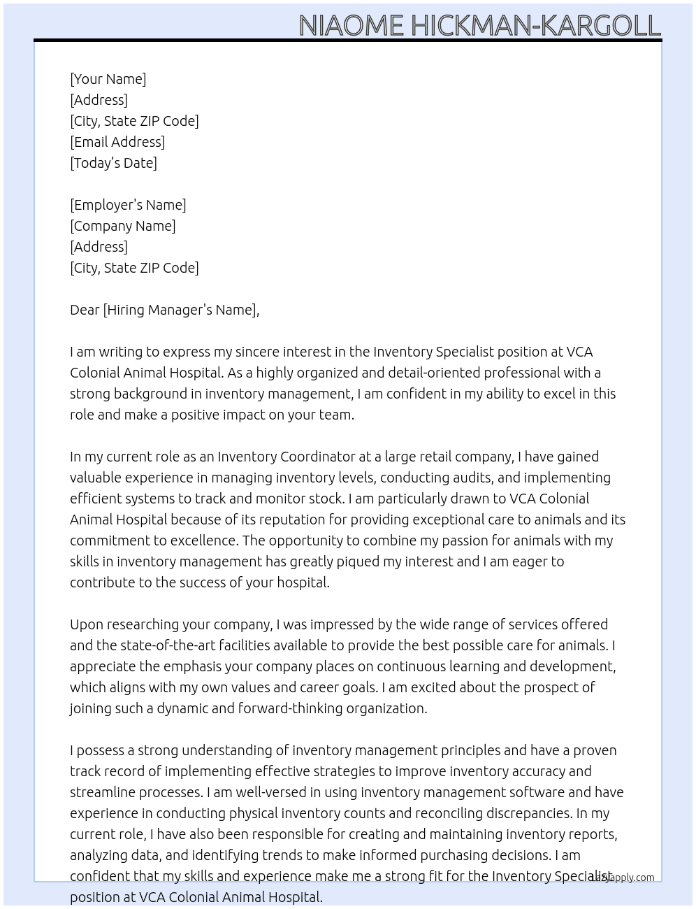 Inventory Specialist At VCA Colonial Animal Hospital Cover Letter