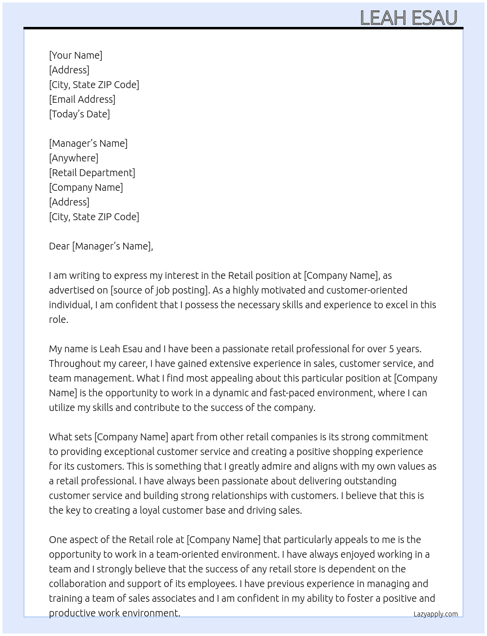 Retail  At Anywhere  Cover Letter