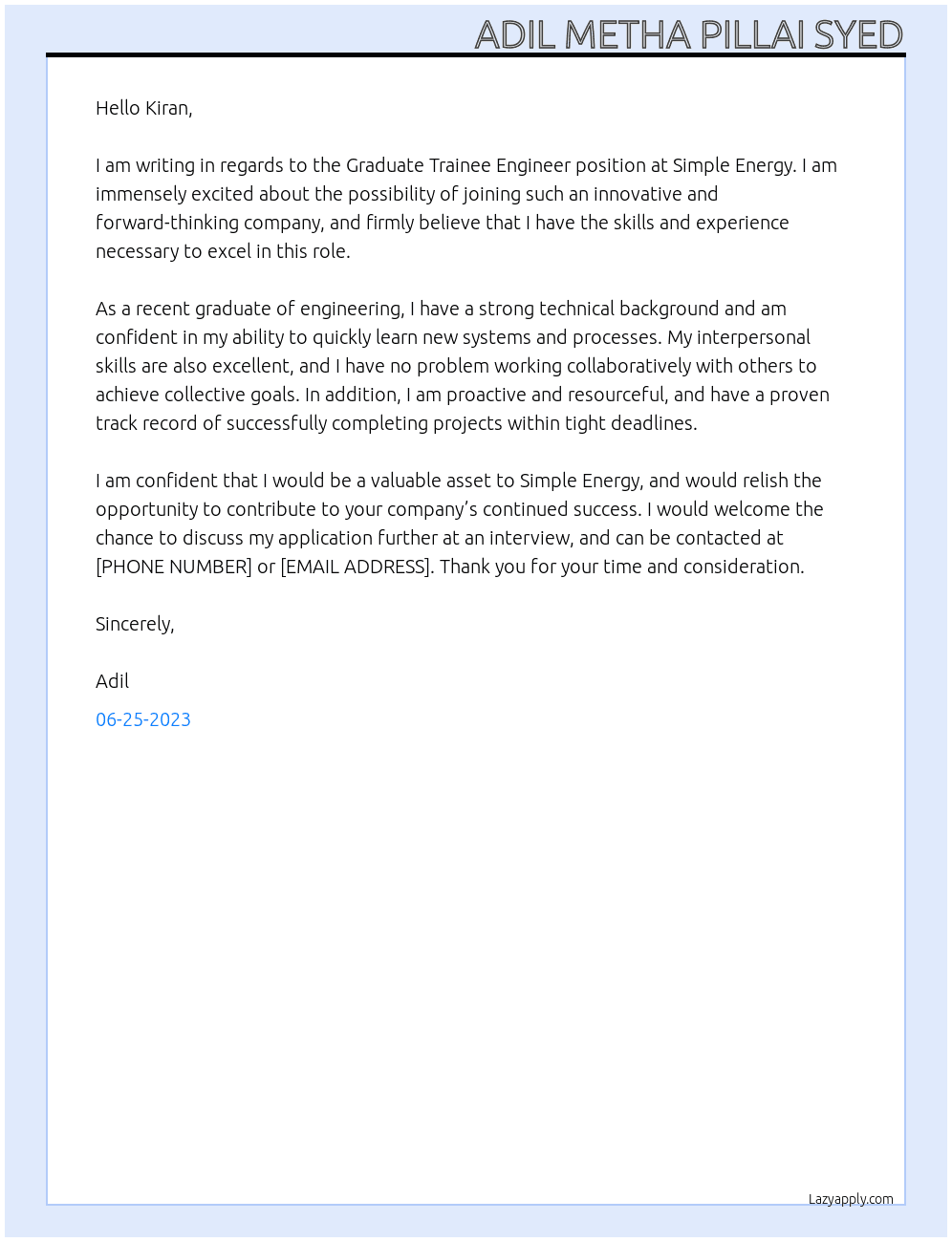 Graduate trainee engineer At Simple energy  Cover Letter
