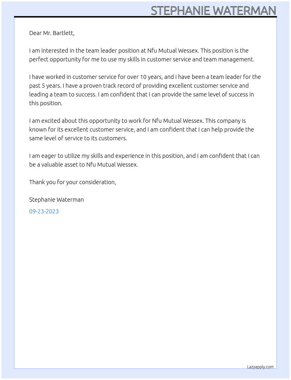 Team leader At Nfu Mutual Wessex Cover Letter