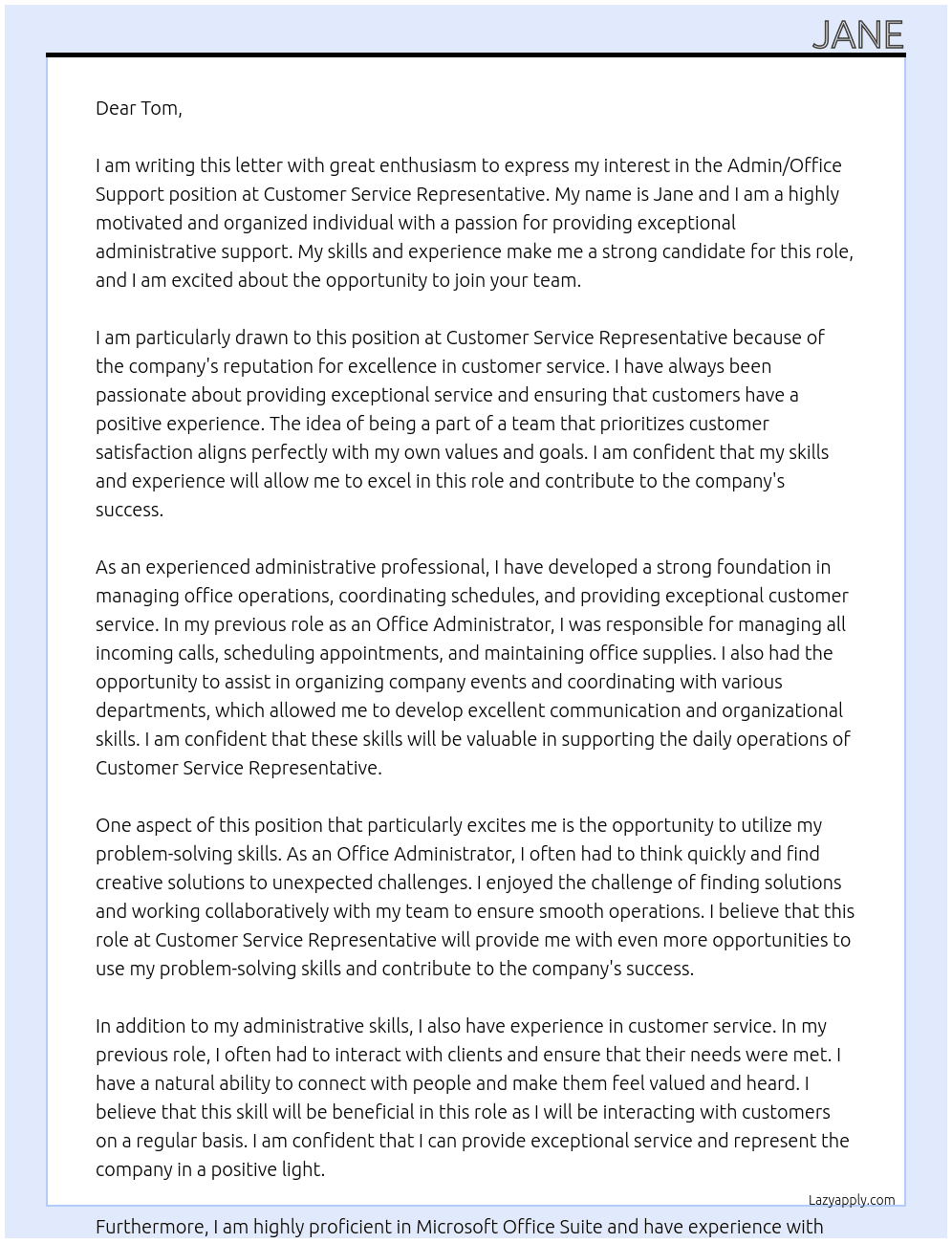 Admin/Office Support At Customer Service Representative Cover Letter