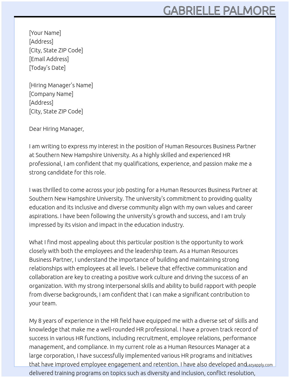 Human Resources Business Partner At Southern New Hampshire University Cover Letter