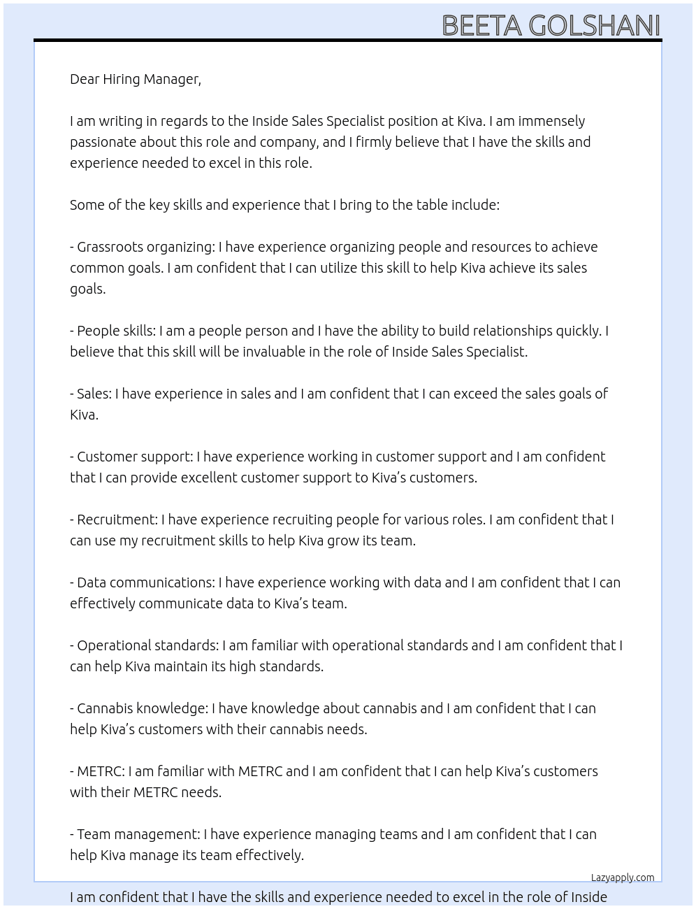 Inside Sales Specialist At Kiva Cover Letter