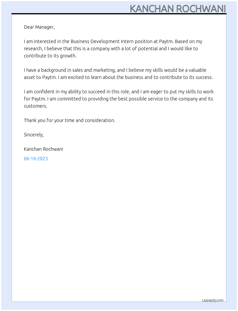 Business Development Intern  At Paytm  Cover Letter