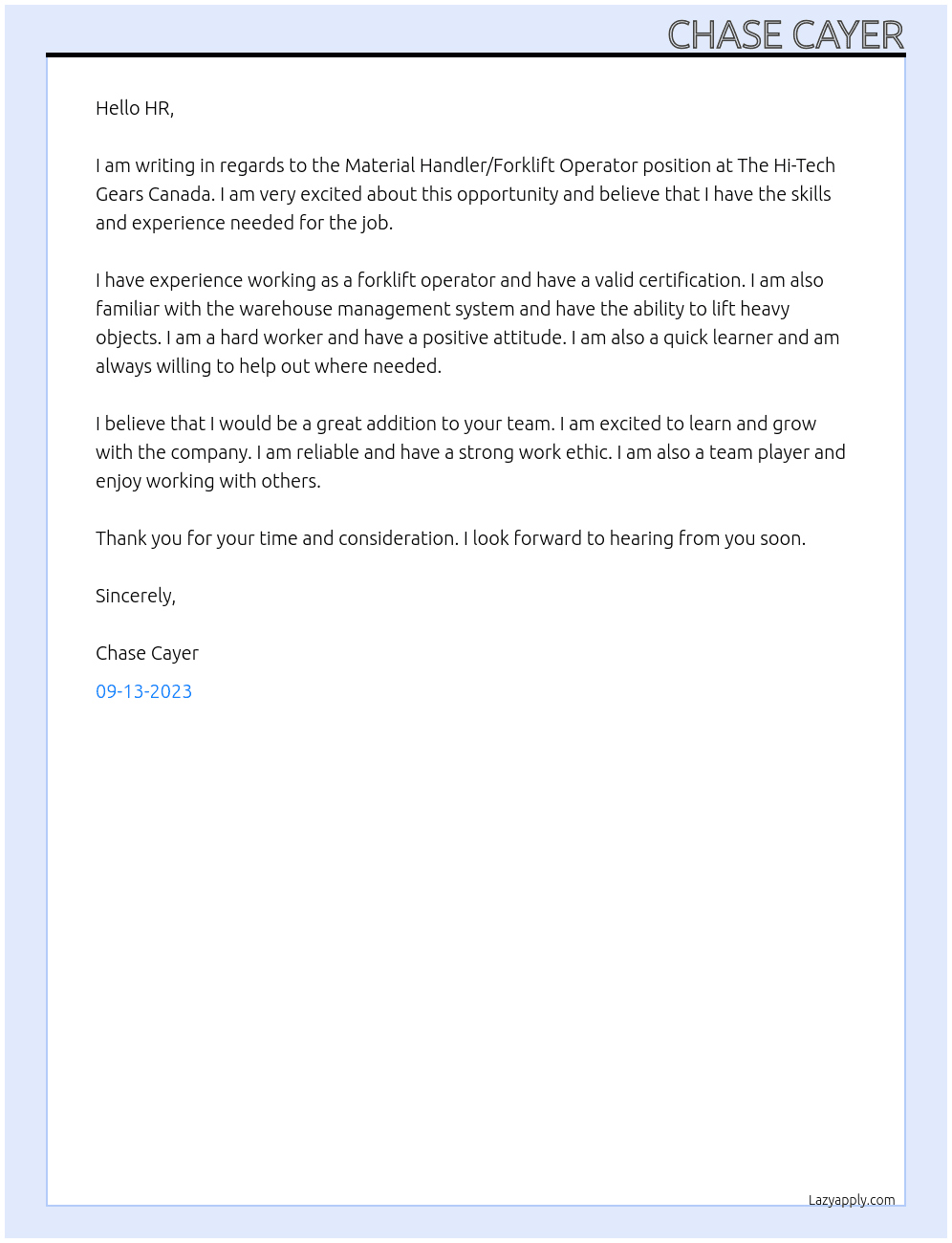 Material Handler/Forklift Operator At The Hi-Tech Gears Canada Cover Letter
