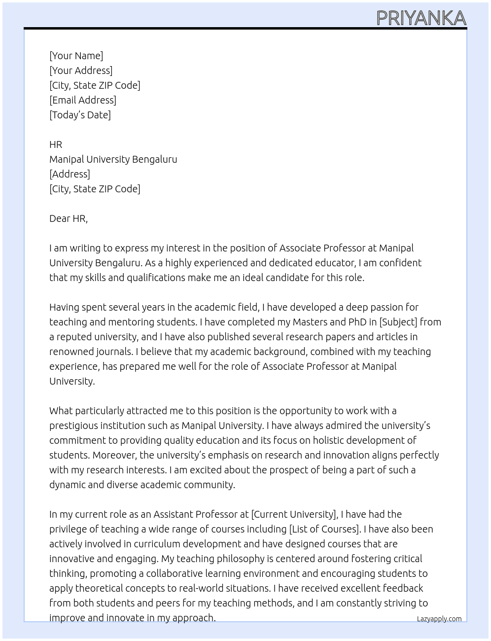 Associate Professor At Manipal university Cover Letter