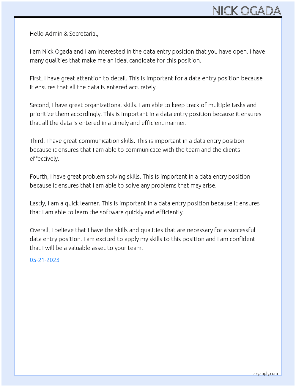 data entry At Admin & Secretarial Cover Letter