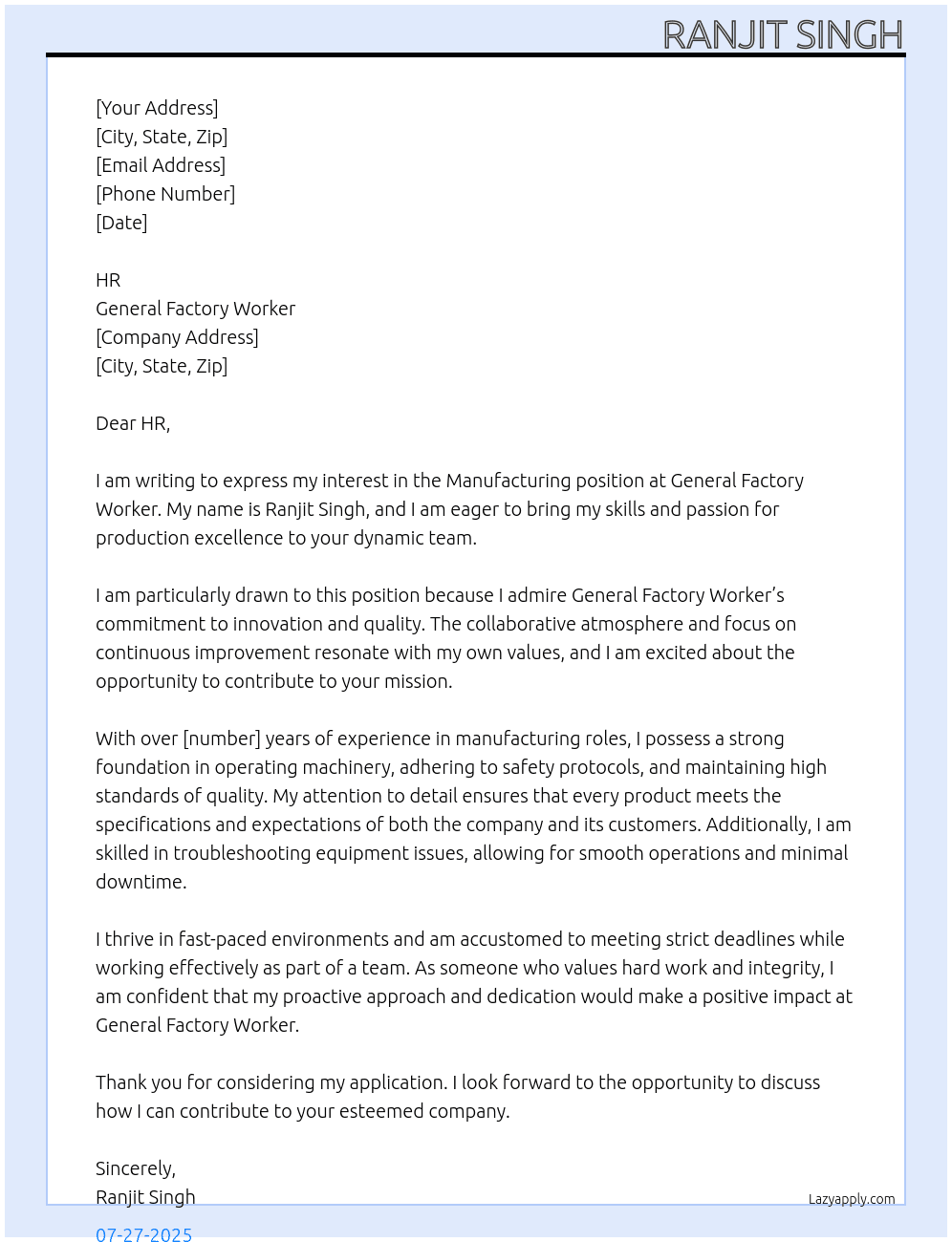 Manufacturing At General Factory Worker Cover Letter