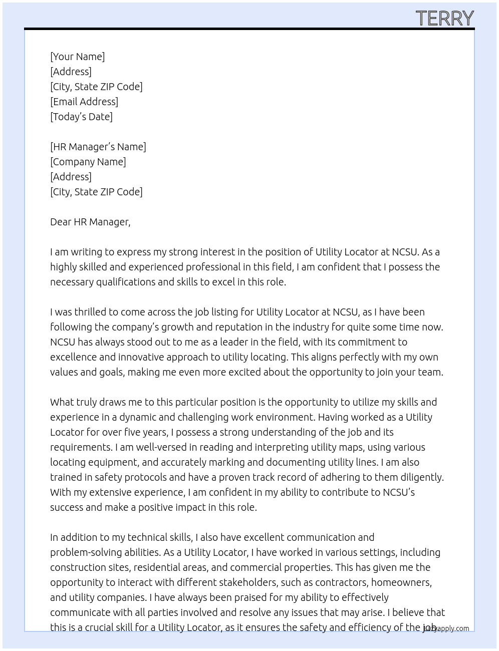 utility locator At NCSU Cover Letter