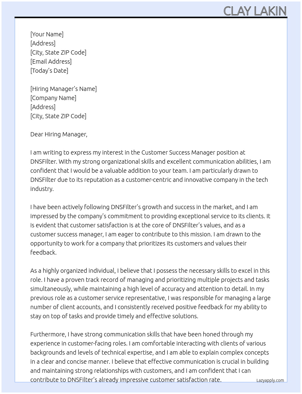 Customer Success Manager  At DNSFilter Cover Letter