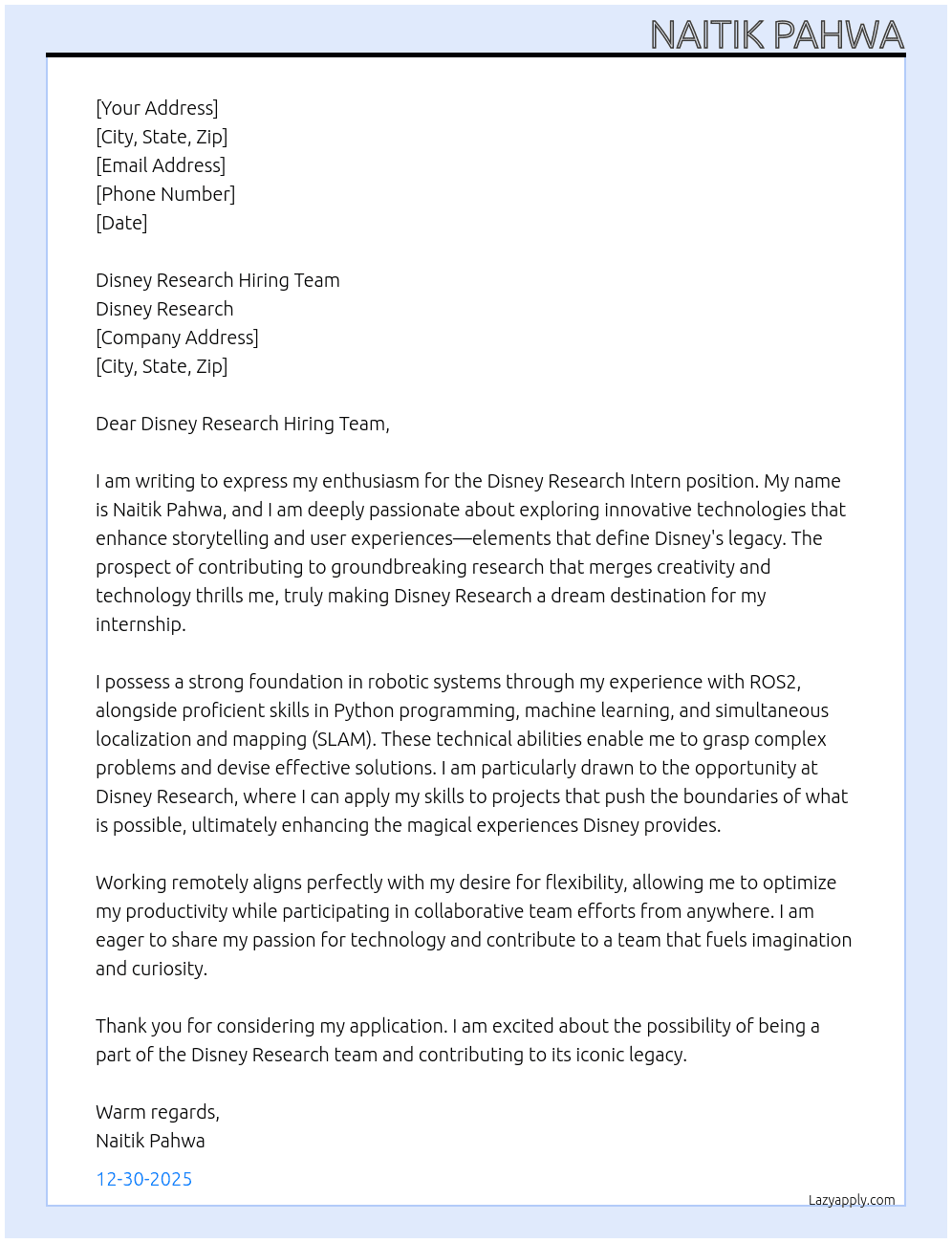 Cover letter for disney research intern - LazyApply