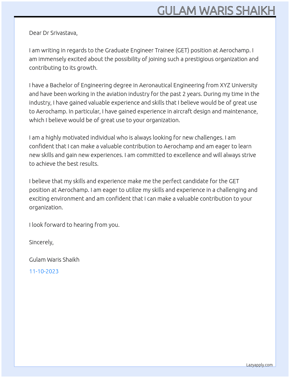 Graduate Engineer Trainee (GET) At Aerochamp Cover Letter