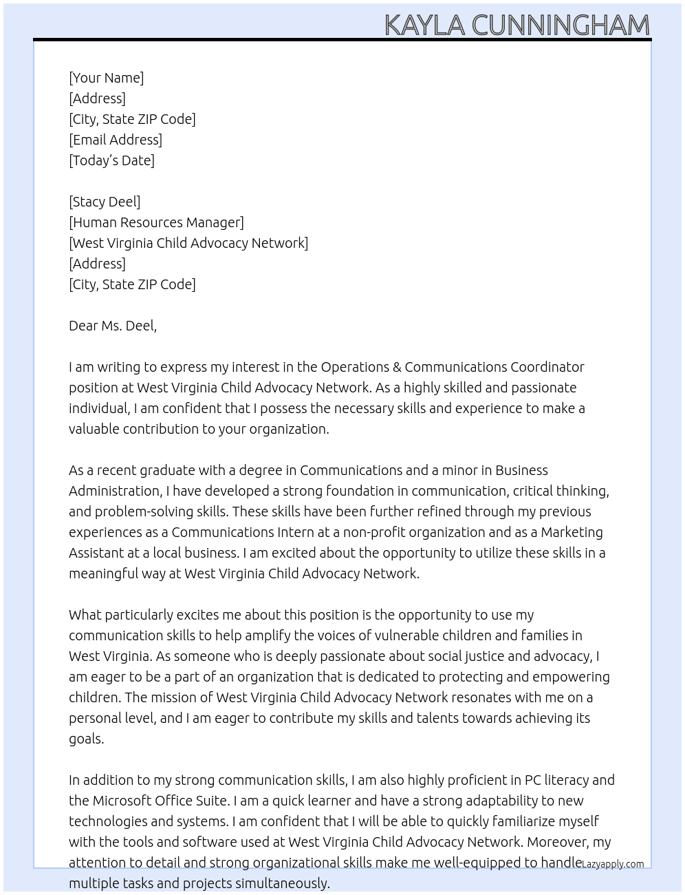 Operations & Communications Coordinator At West Virginia Child Advocacy Network Cover Letter