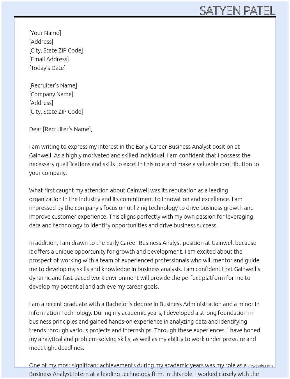 Early Career Business Analyst At Gainwell Cover Letter