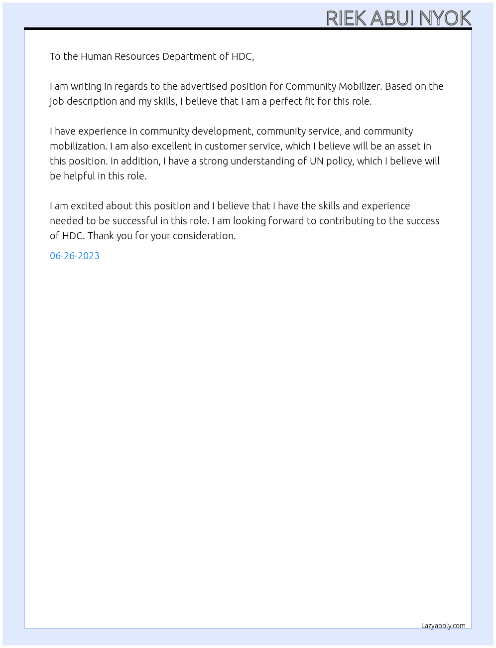 Community mobilizer  At HDC Cover Letter