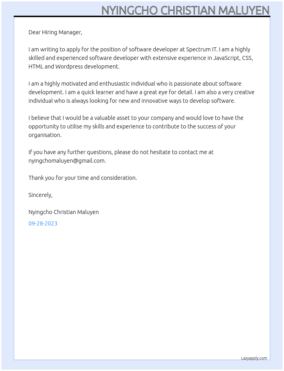 software developer At Spectrum IT Cover Letter