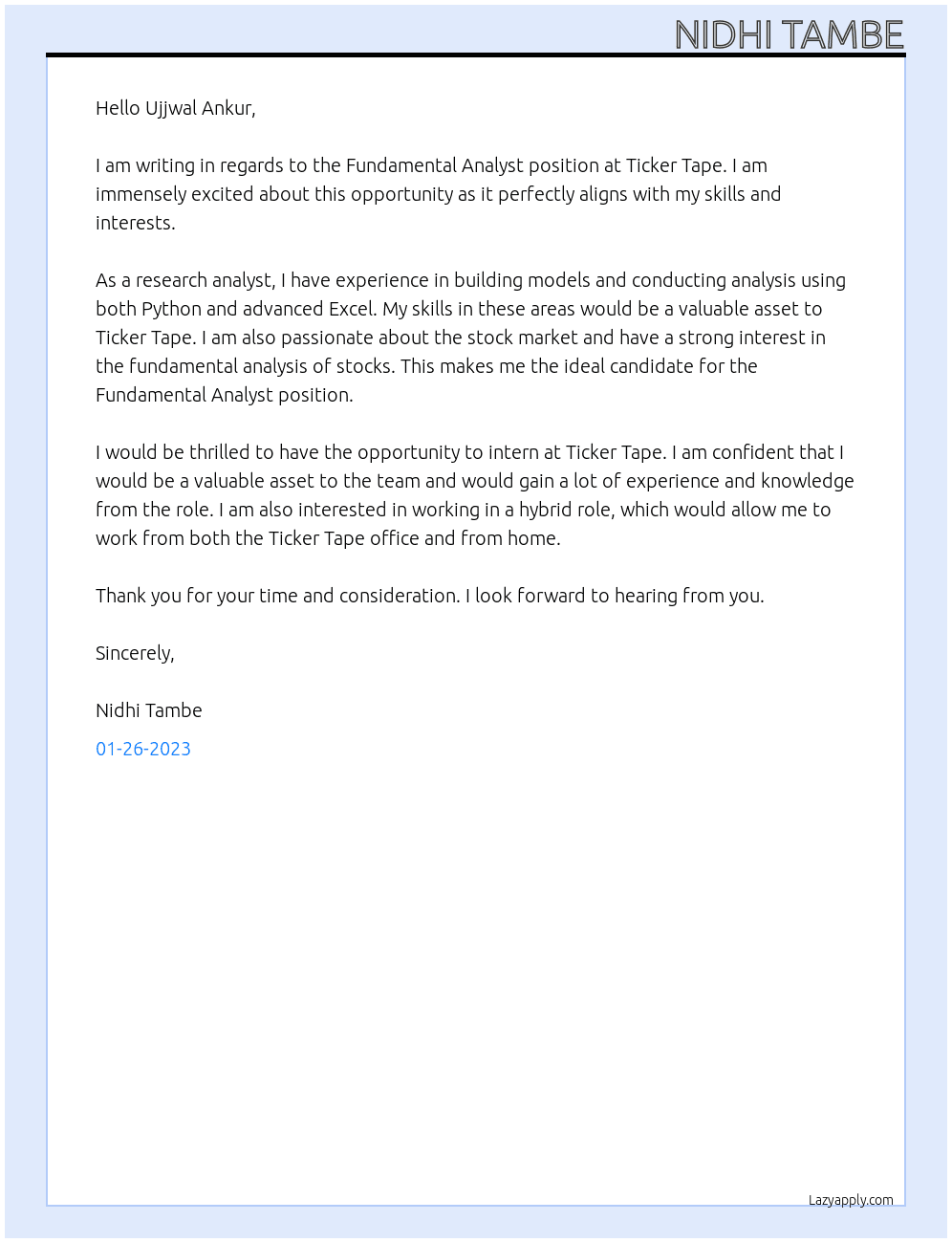 Cover letter for fundamental analyst - LazyApply