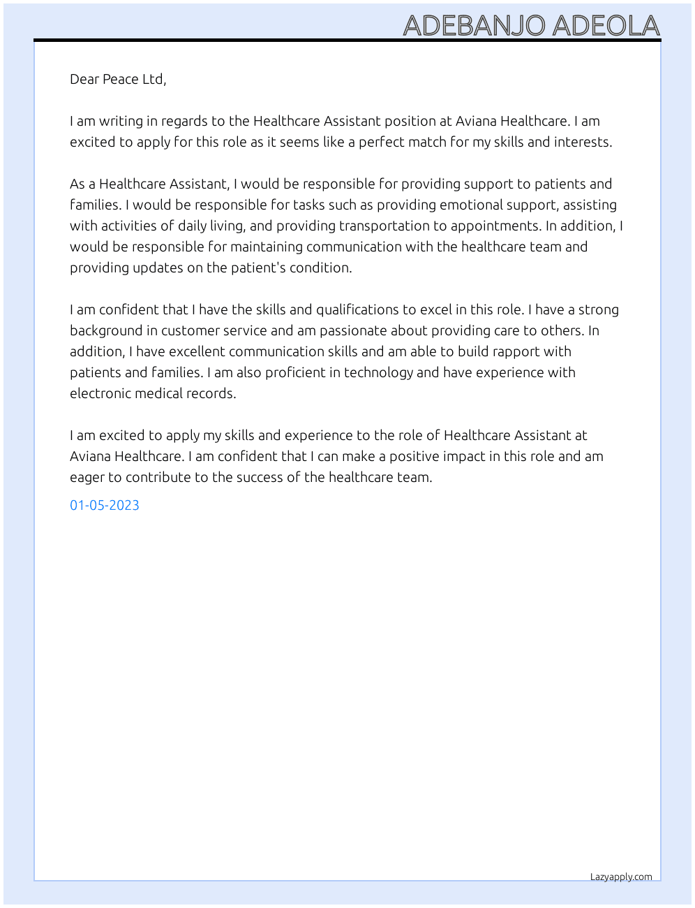 Healthcare Assitant At Aviana Healthcare Cover Letter