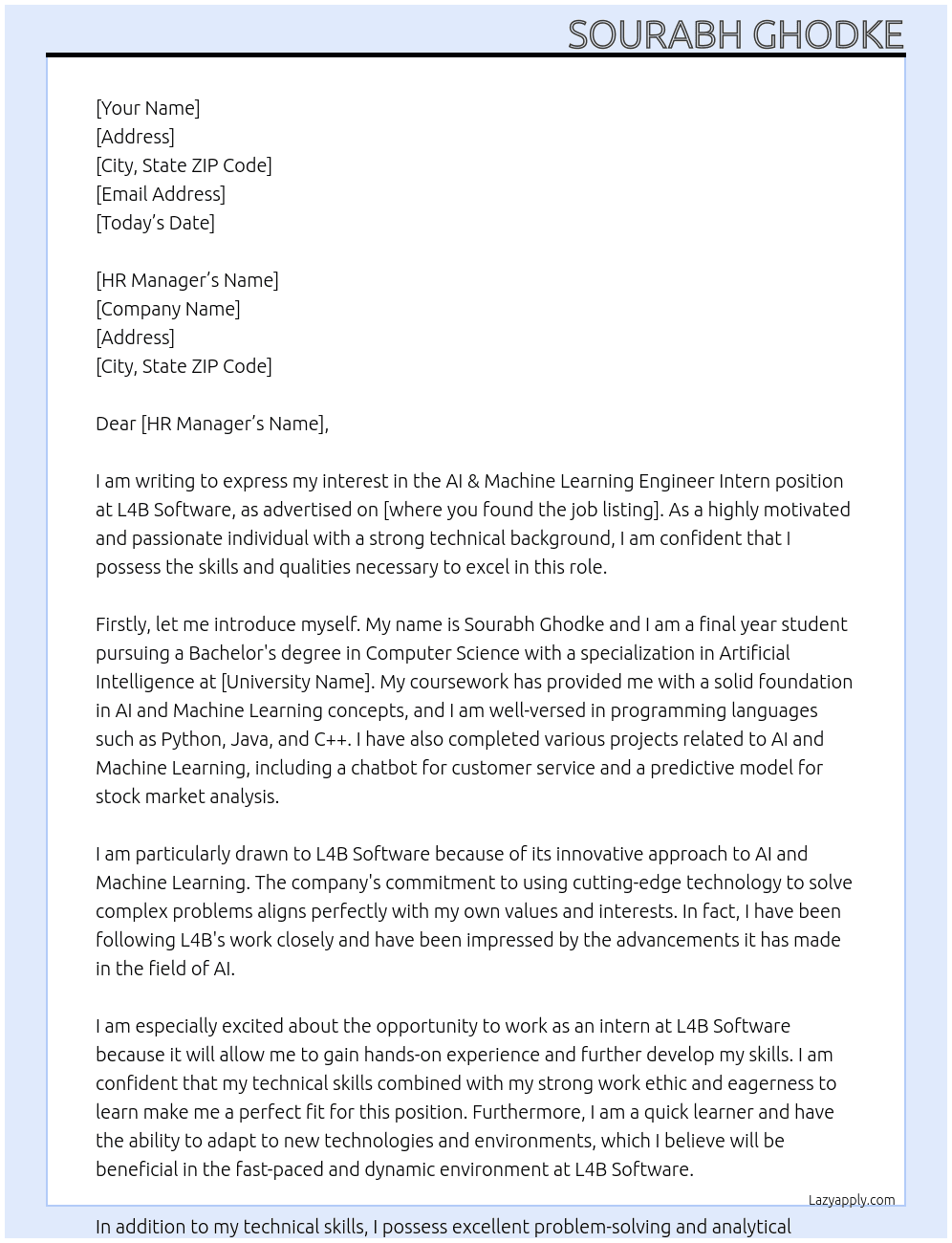 AI & Machine Learning Engineer Intern At L4B Software Cover Letter
