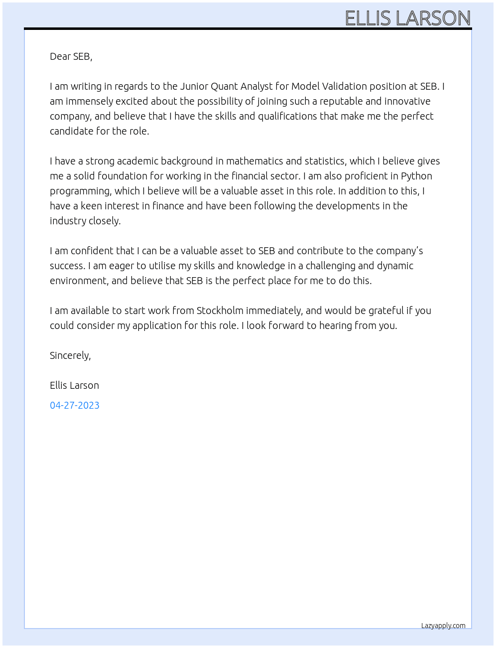 Junior Quant Analyst for Model Validation at SEB At SEB Cover Letter