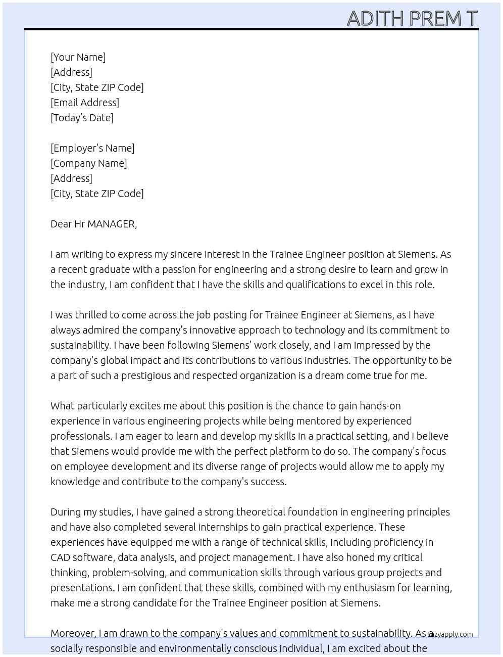 TRAINEE ENGINEER At SIEMENS Cover Letter