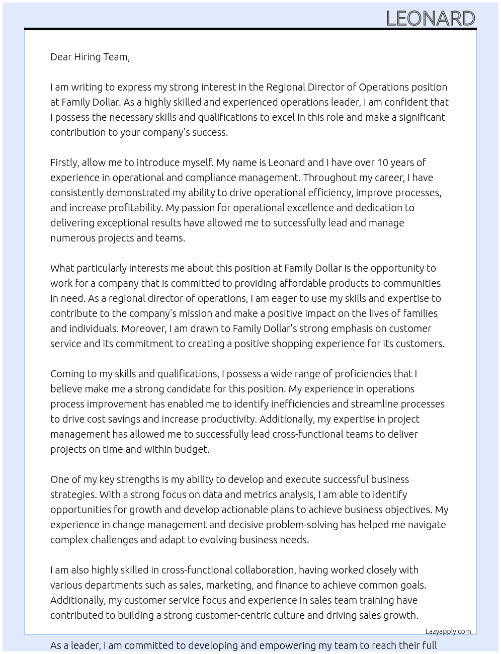 Regional Director of Operations At Family Dollar Cover Letter