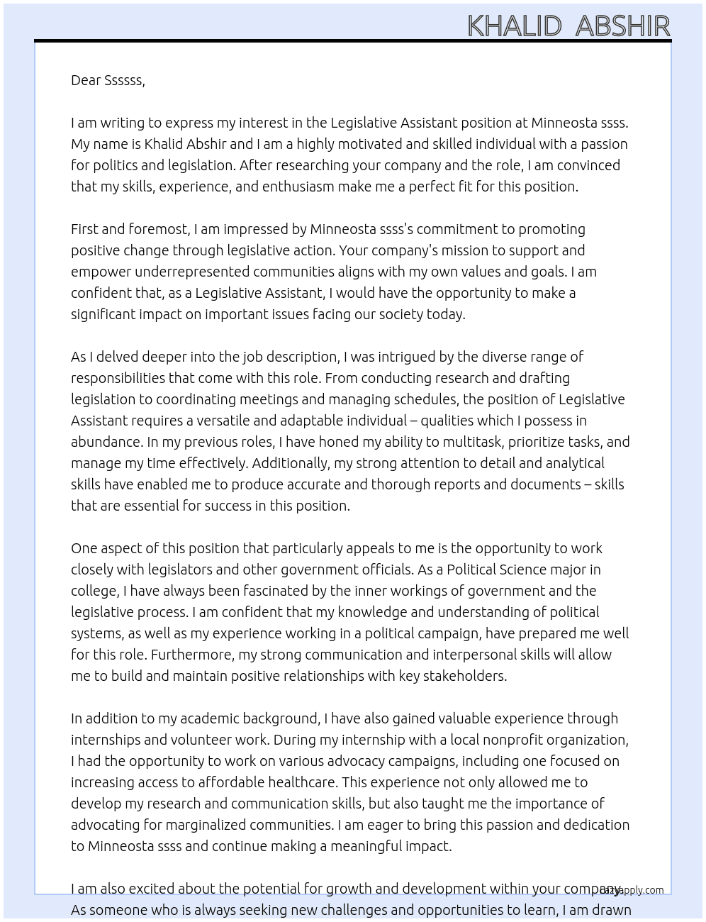 legislative Assistant  At Minneosta ssss Cover Letter