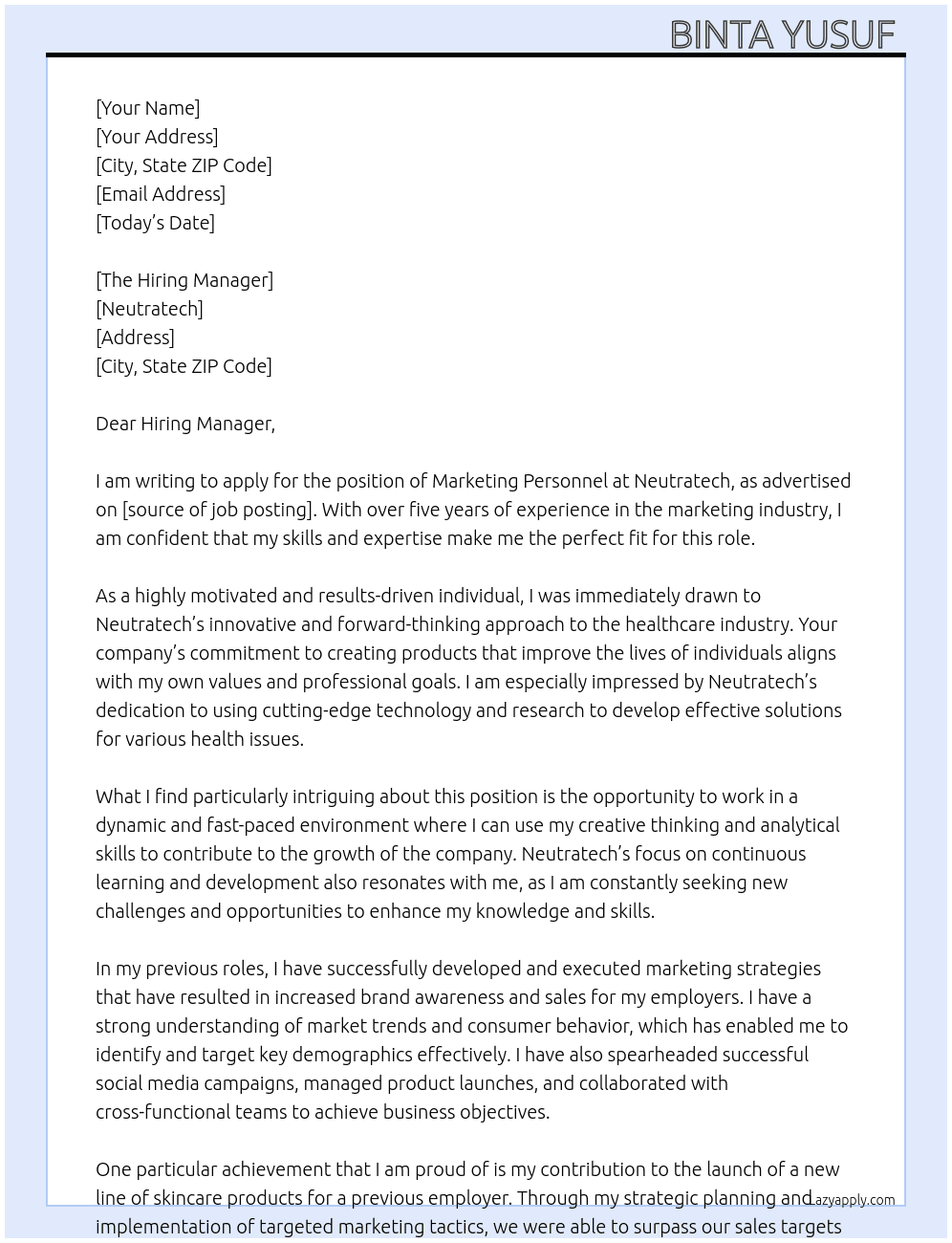 Marketing Personnel At Neutratech Cover Letter