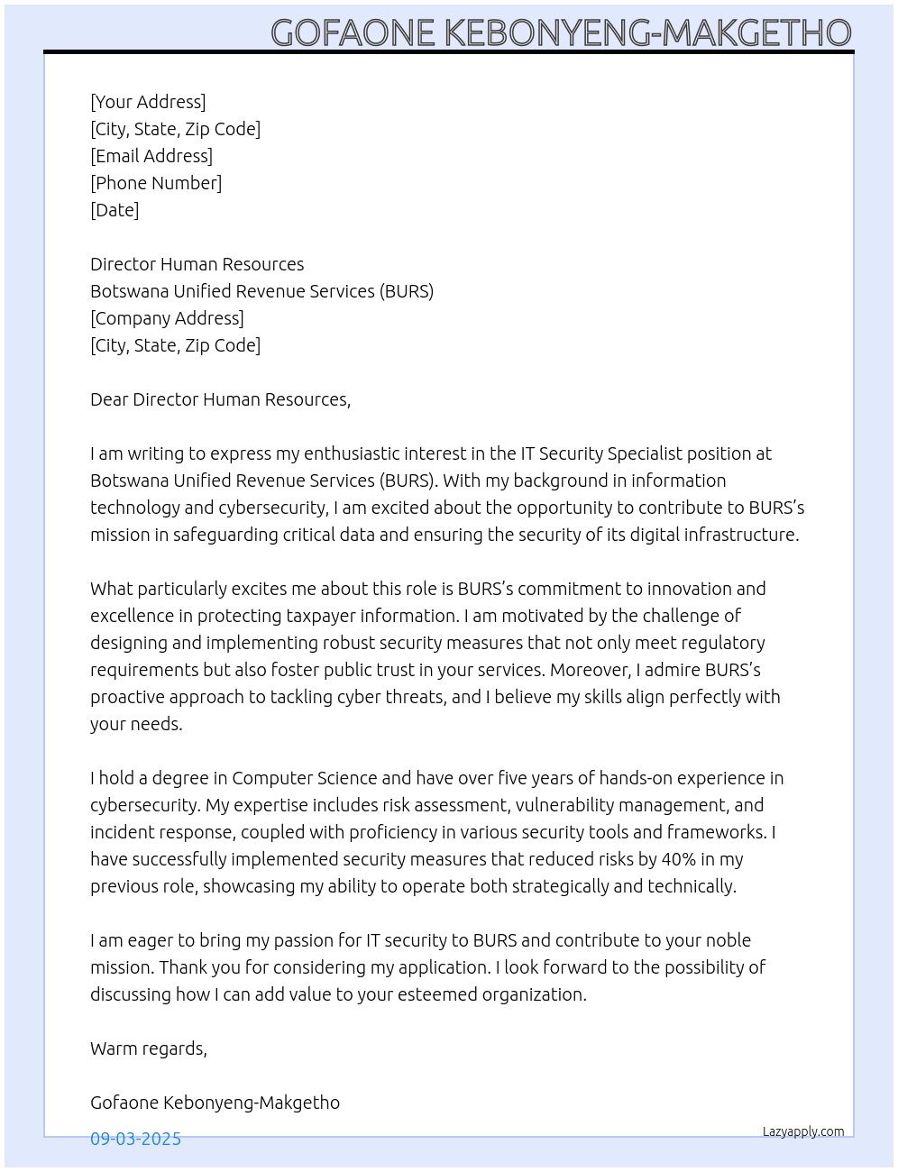 Cover letter for it , security specialist - LazyApply