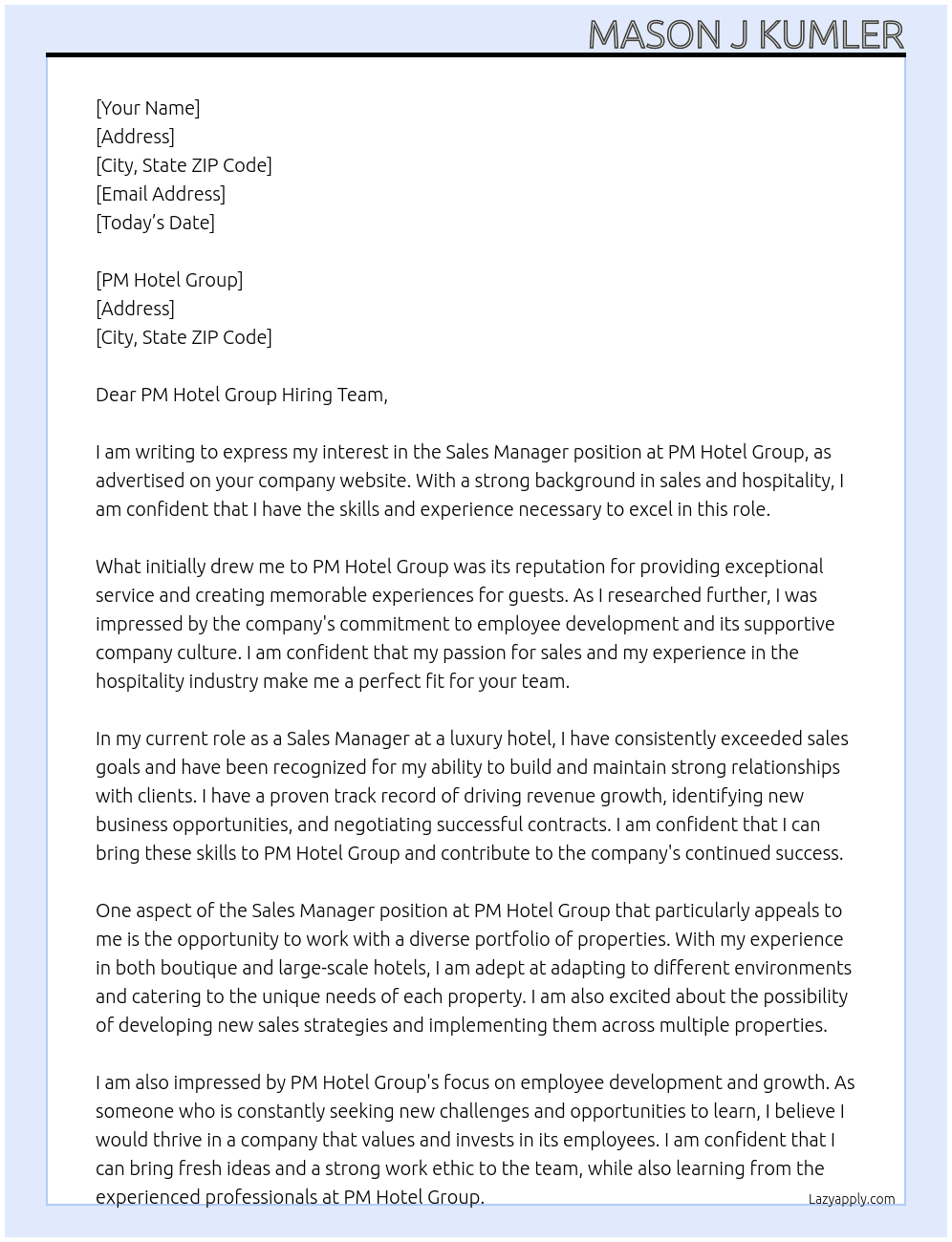 Sales Manager At PM Hotel Group Cover Letter
