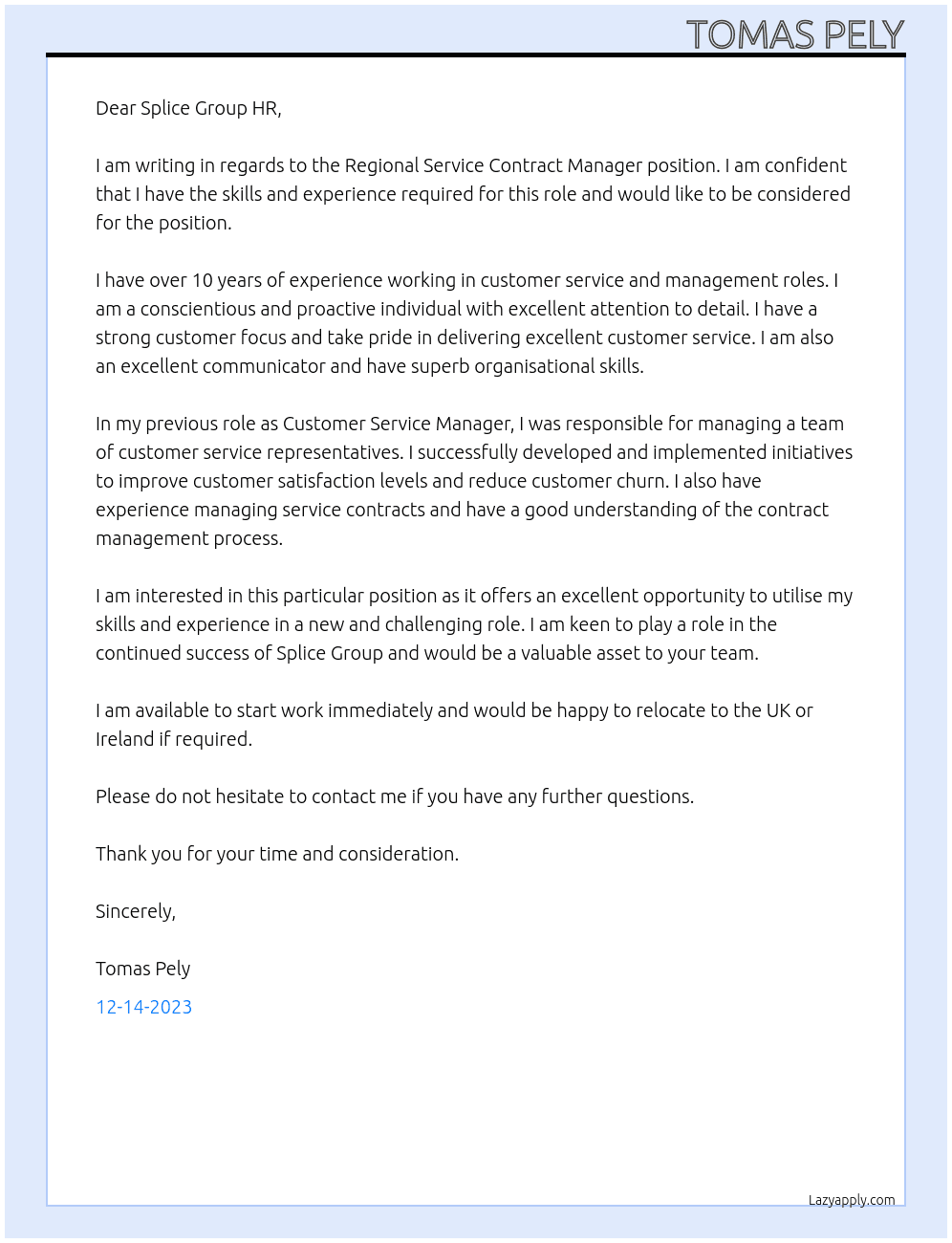 Regional Service Contract Manager At Splice Group Cover Letter