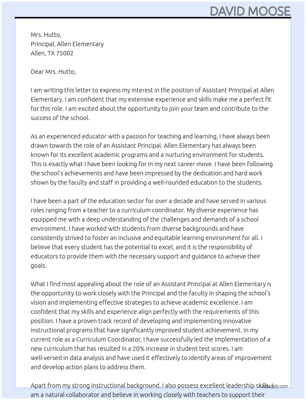Assistant Principal At Allen Elementary Cover Letter