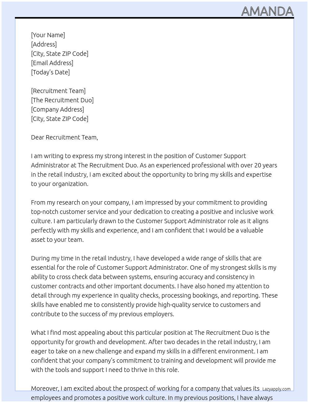 Customer Support administrator  At The recruitment duo Cover Letter