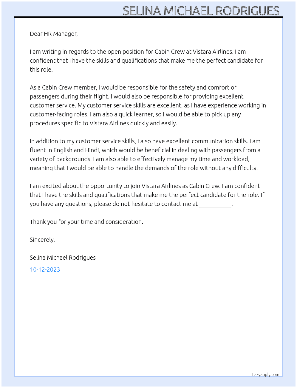 Cabin Crew  At Vistara Airlines  Cover Letter