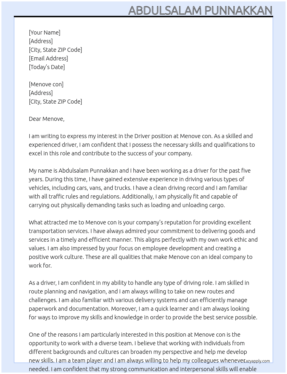 Driver  At Menove con Cover Letter