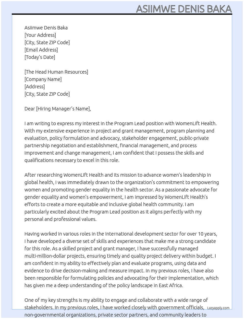 Program Lead, East Africa At WomenLift Health Cover Letter