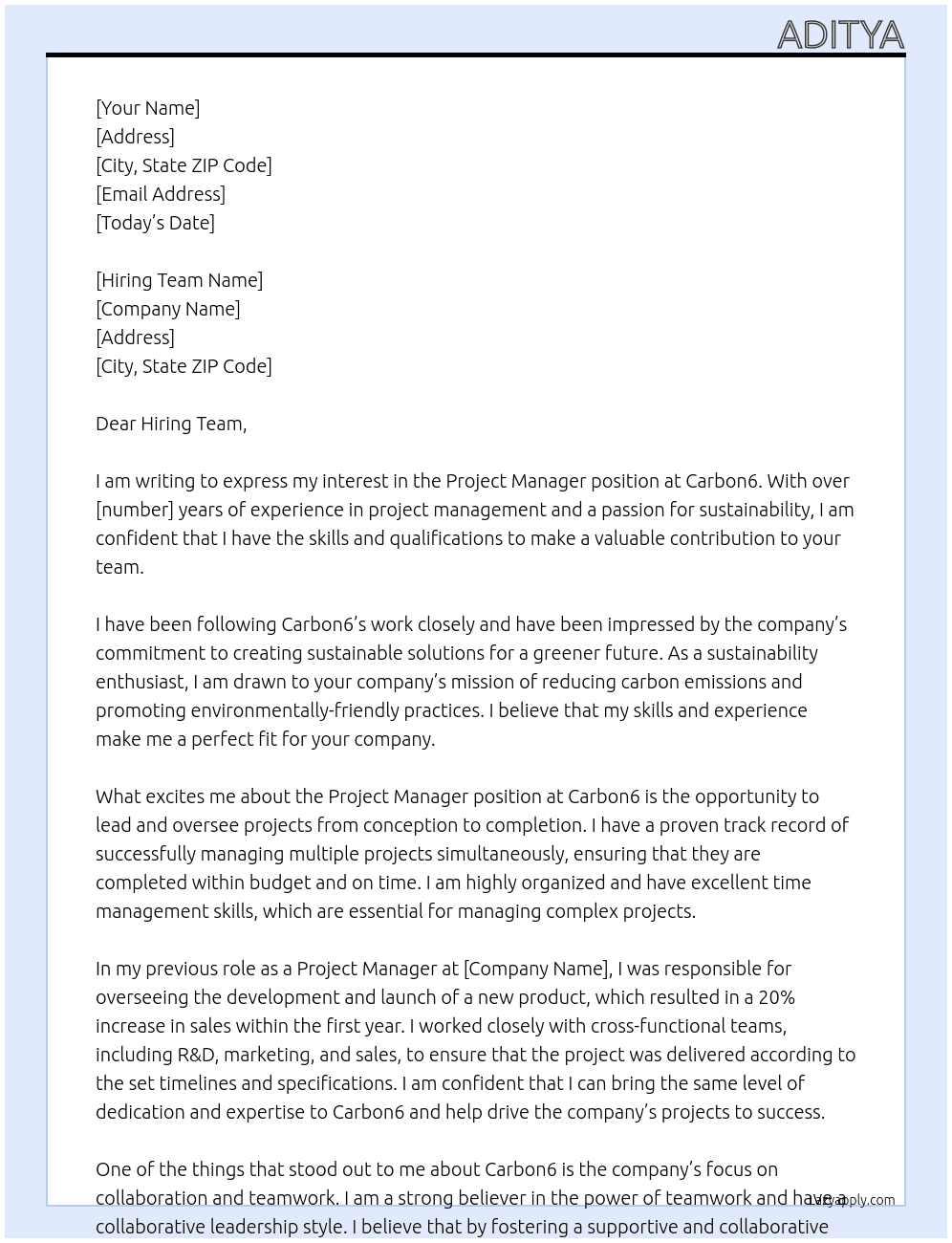 Project Manager At Carbon6 Cover Letter