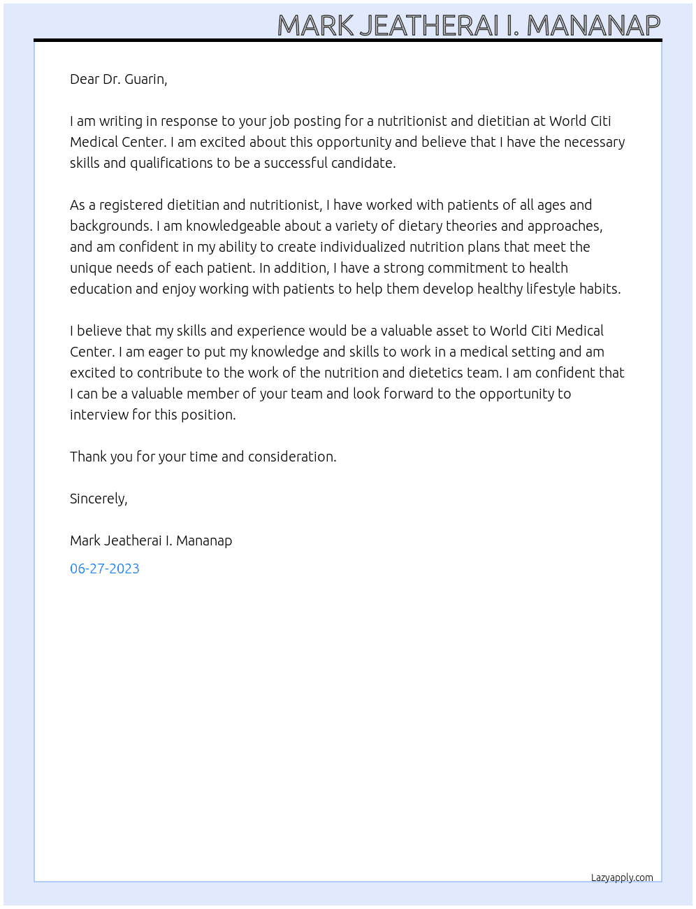 Nutritionist and Dietitian  At World Citi Medical Center  Cover Letter