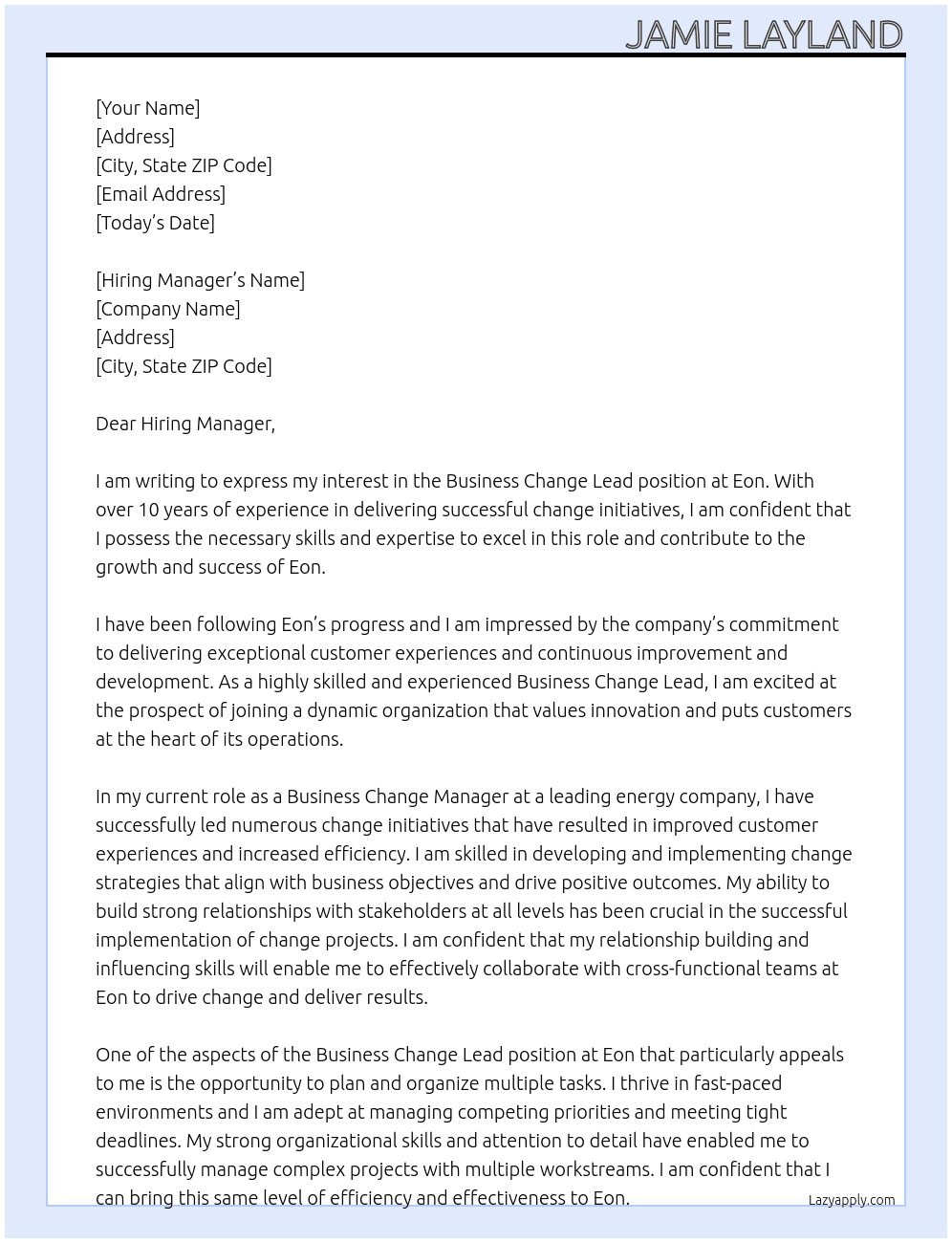 Business Change Lead At Eon Cover Letter
