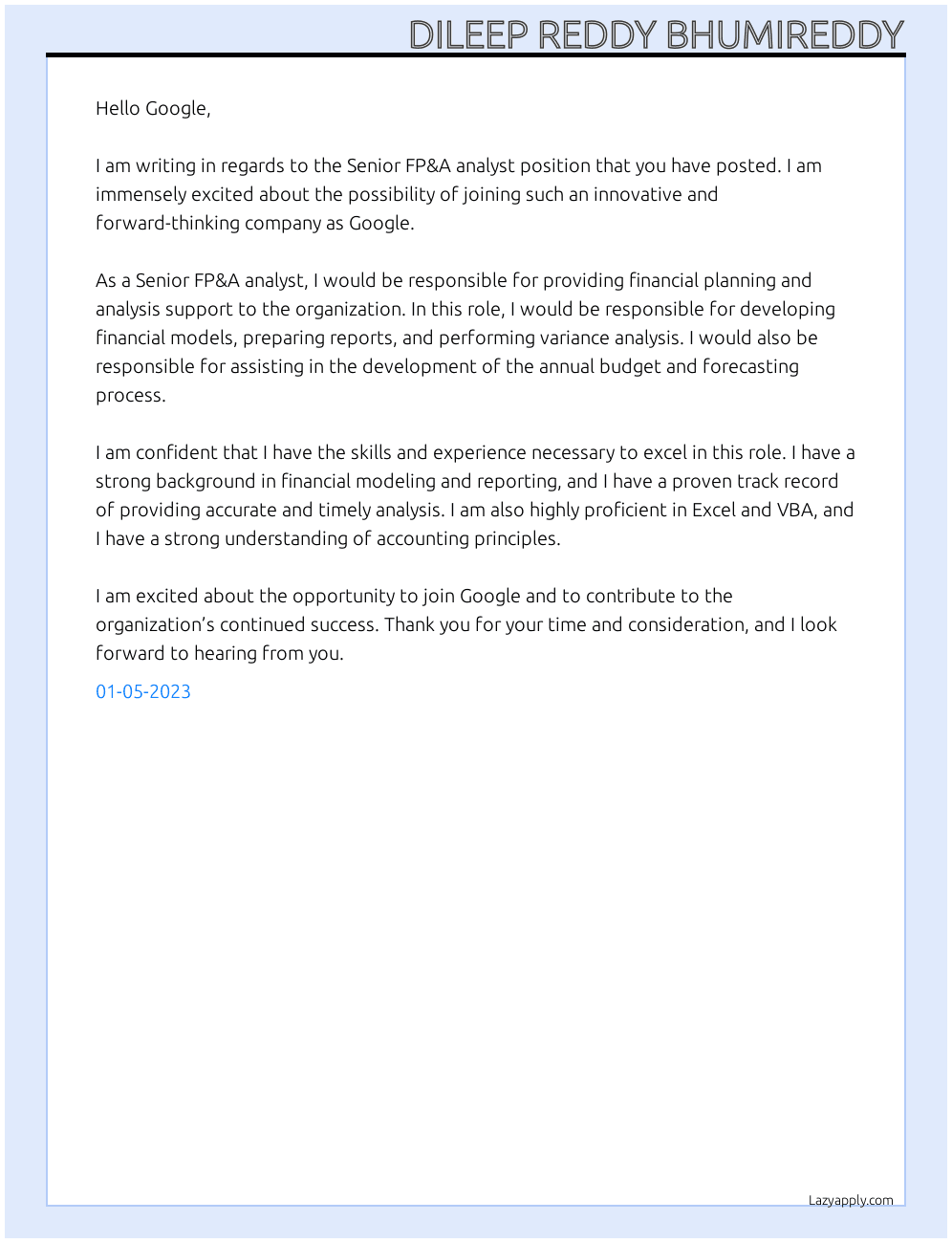 Senior FP&A analyst At GOOGLE Cover Letter