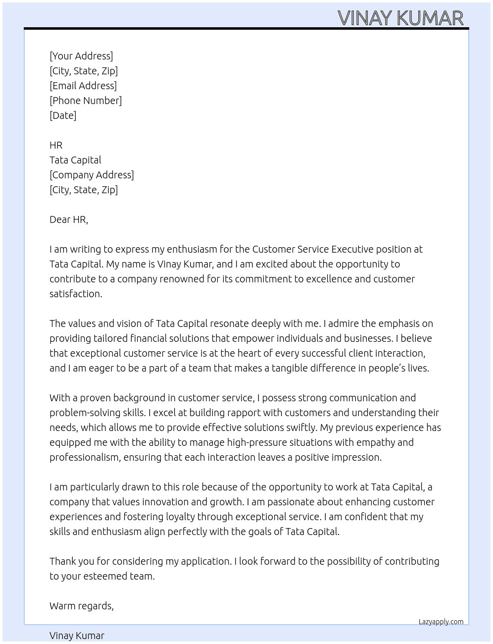 Cse At Tata capital  Cover Letter
