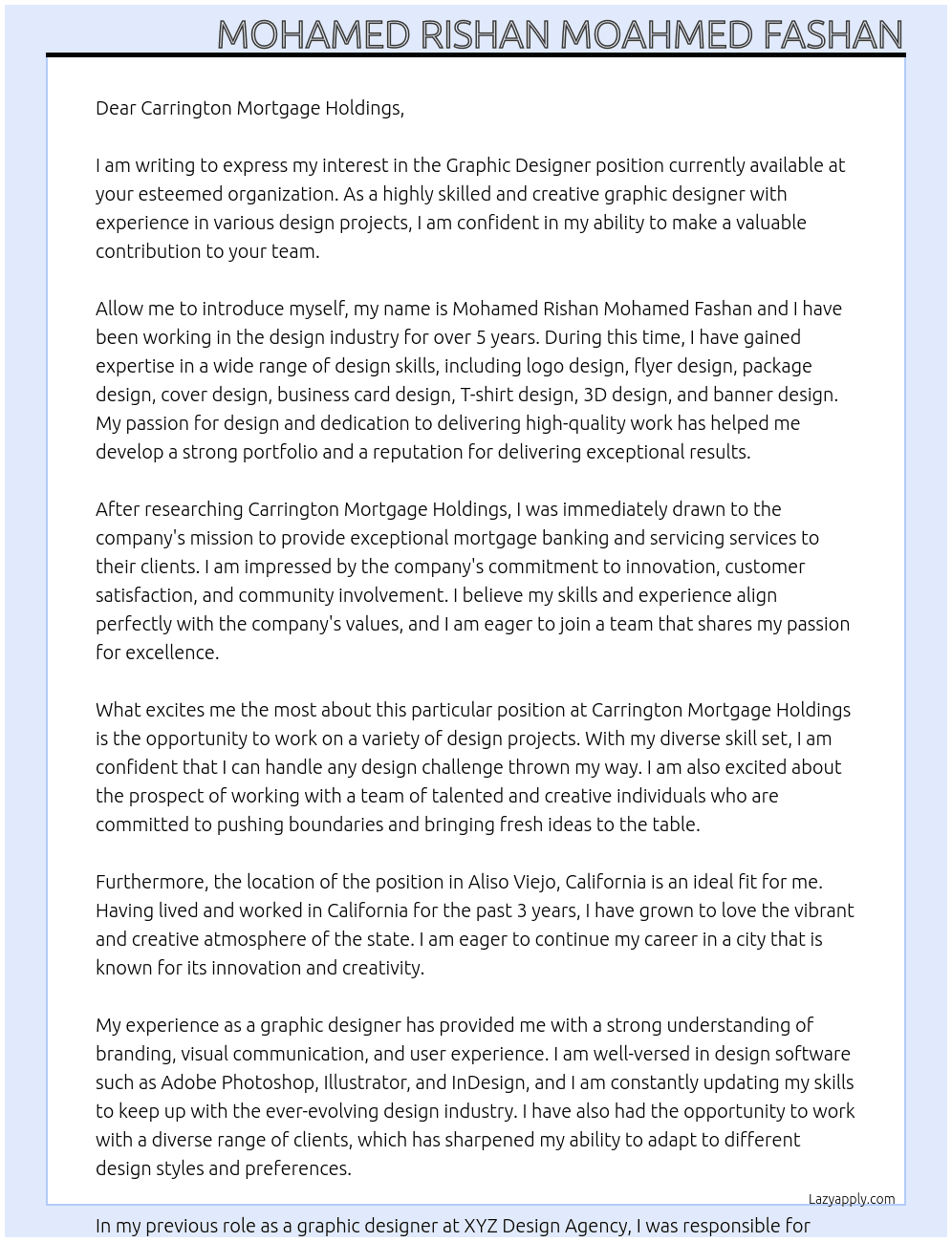 Graphic Designer At Carrington Mortgage Holdings Cover Letter