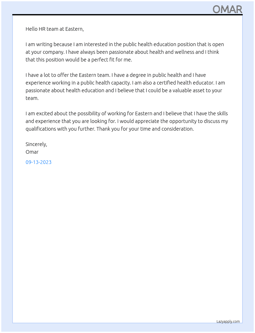 Public health education  At Eastern cluster  Cover Letter