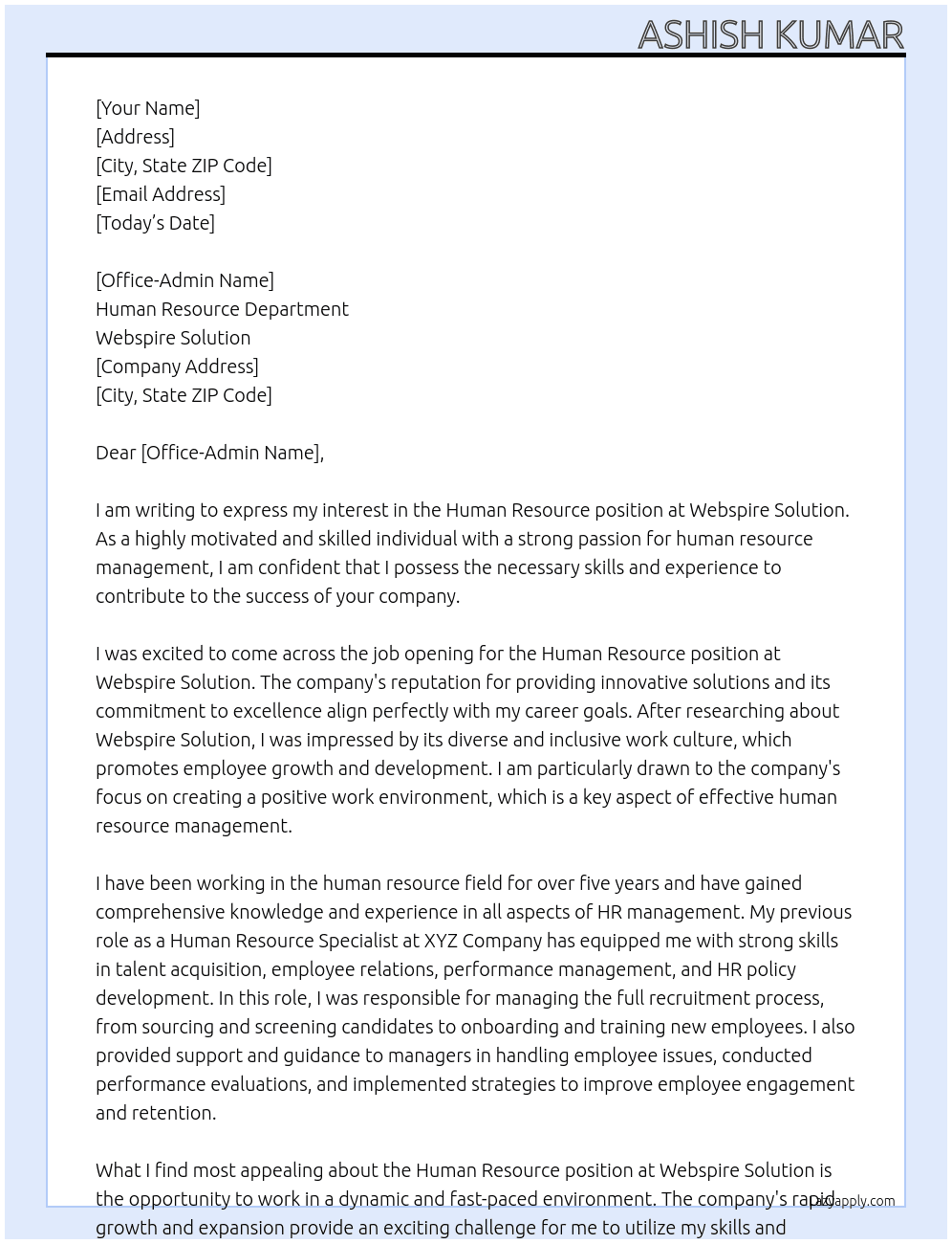 Humar resource At Webspire solution Cover Letter