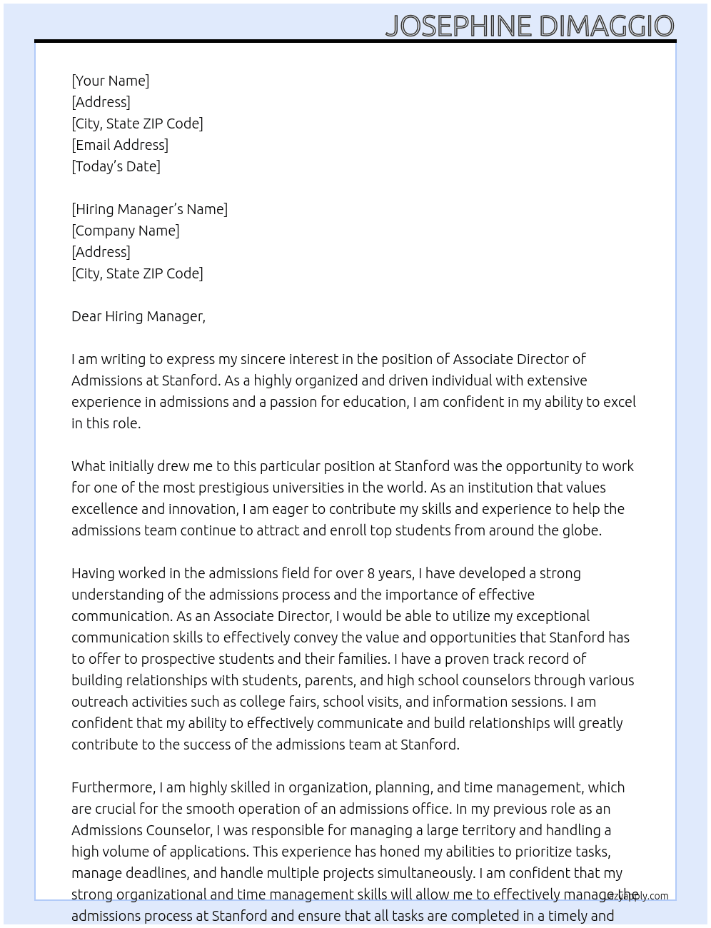associate director of admissions At stanford Cover Letter