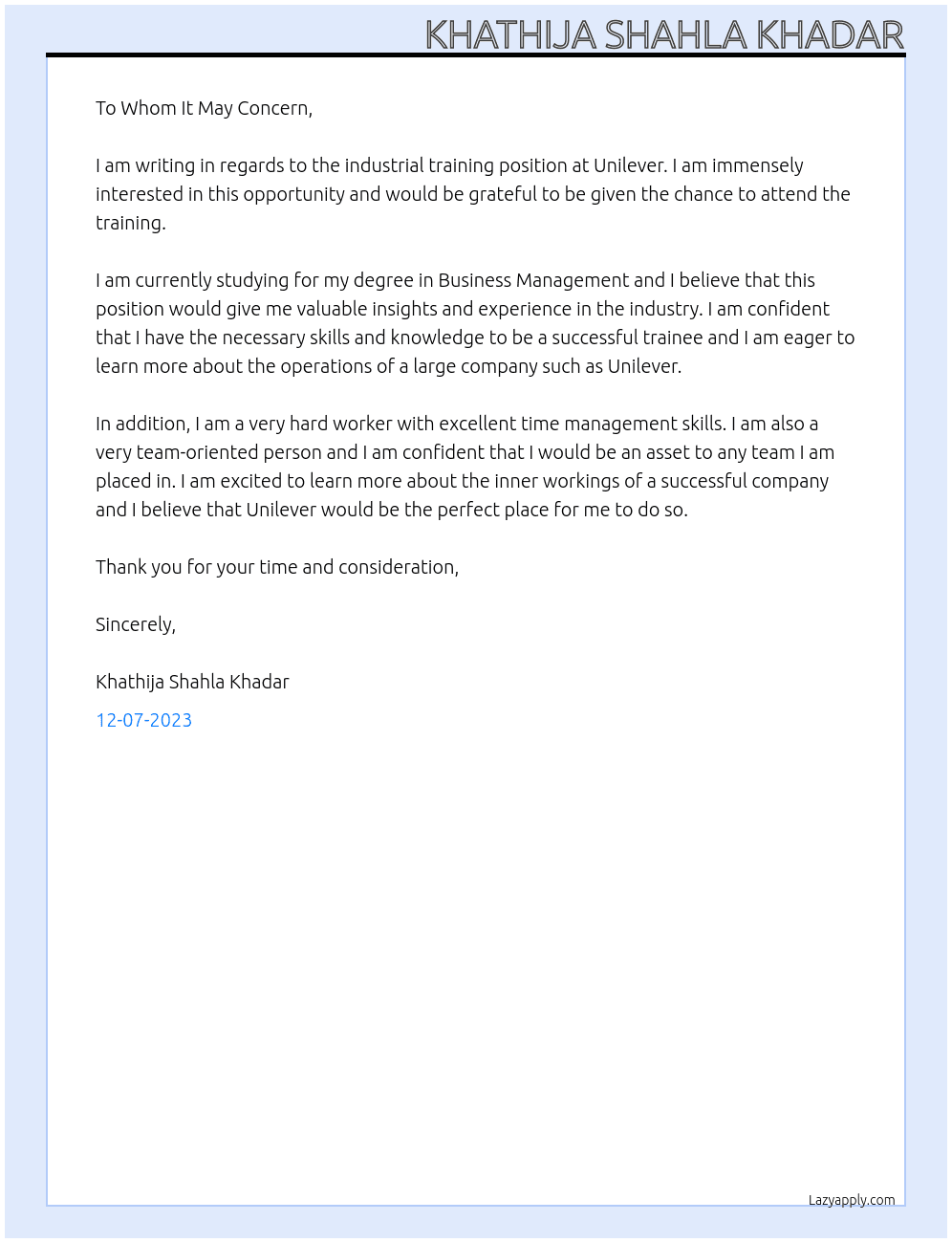 Industrial training At unilever Cover Letter
