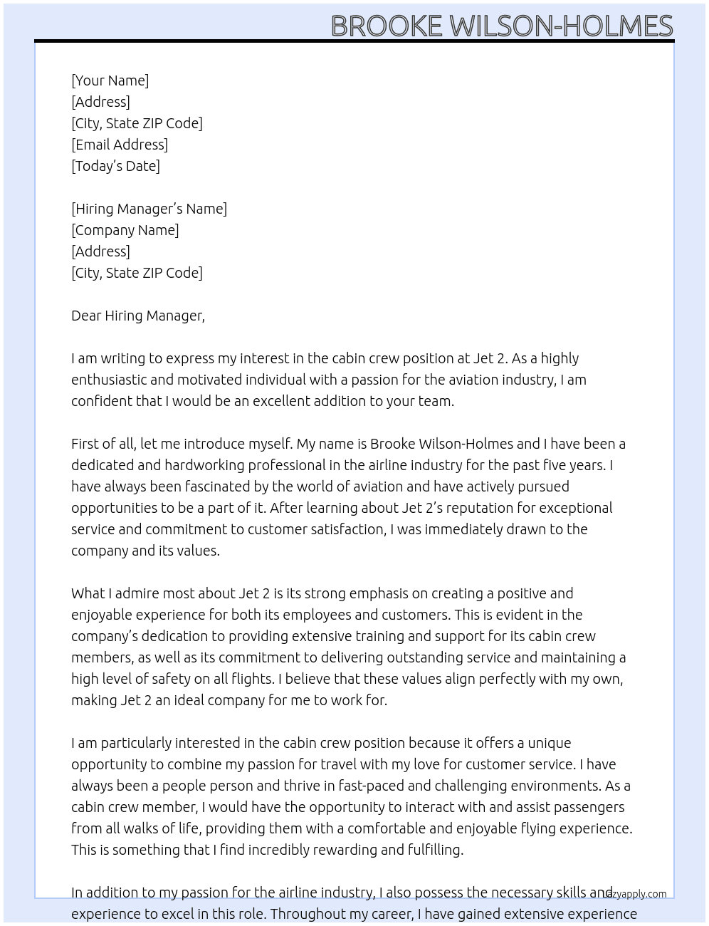 cabin crew At Jet 2 Cover Letter