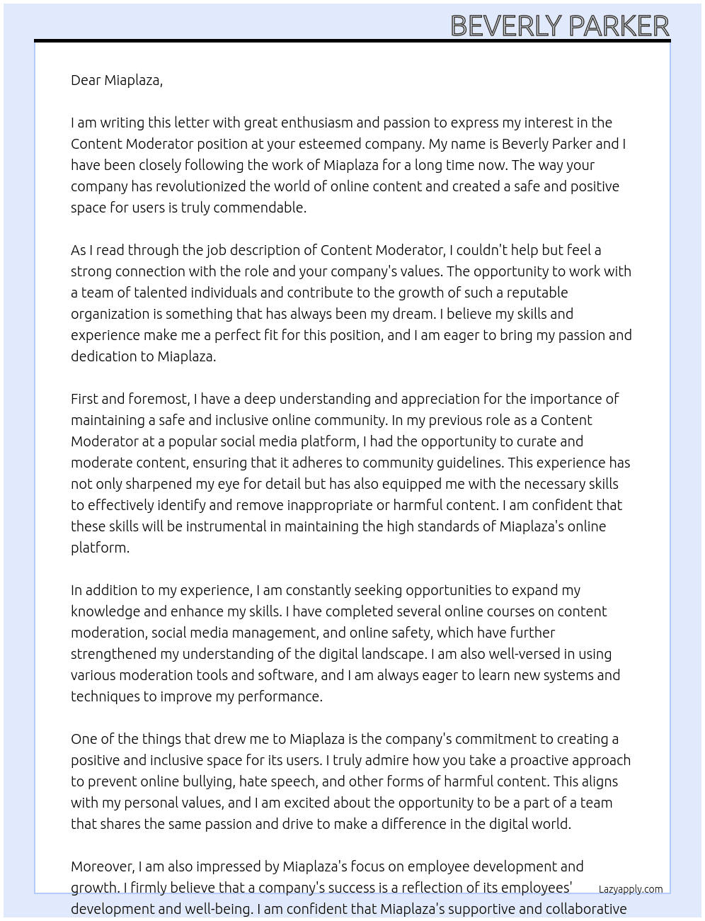 Content Moderator At Miaplaza Cover Letter