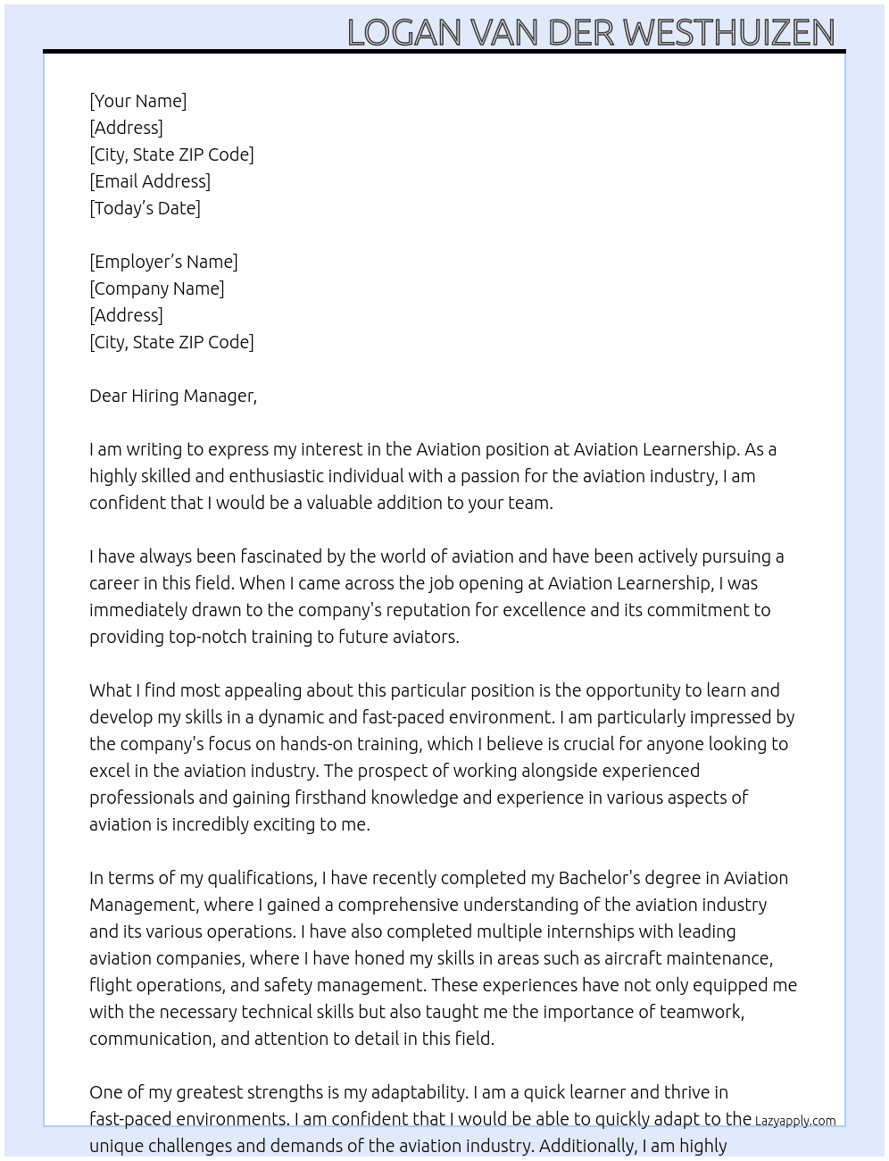 Aviation  At Aviation learnership  Cover Letter
