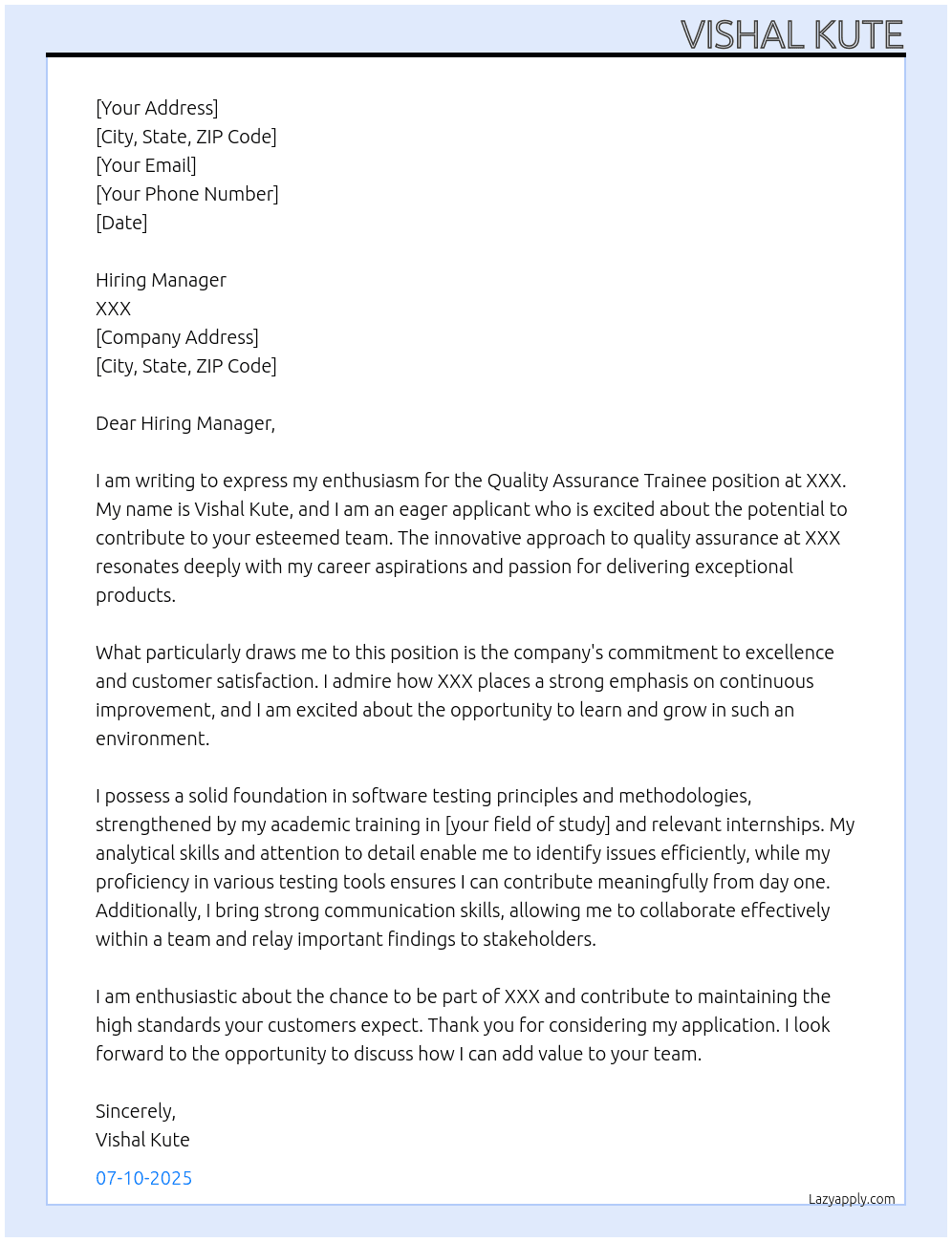 Cover letter for quality assurance trainee - LazyApply